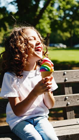 joyful girl enjoying rainbow ice cream in the park
