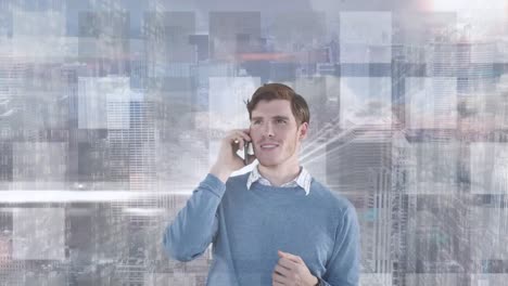 Animation-of-businessman-talking-on-smartphone-with-screens-and-cityscape