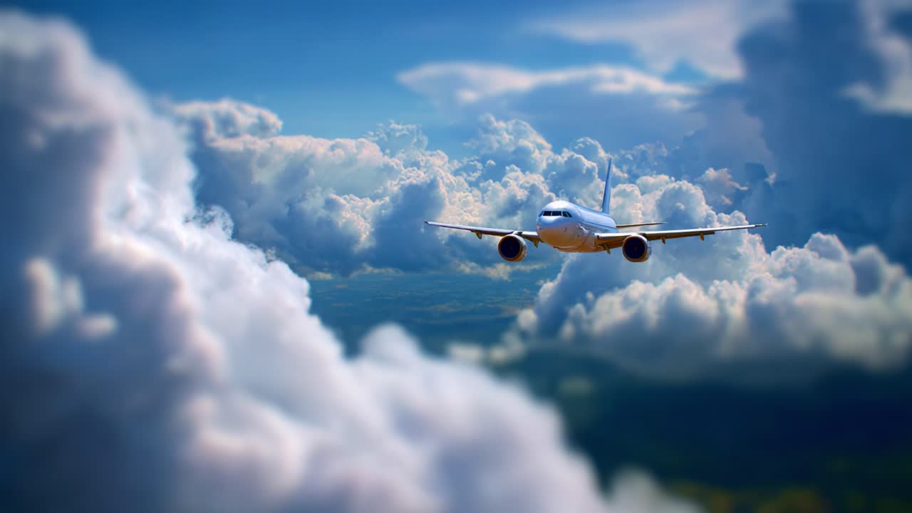 Um avião majestoso voa por um mar de nuvens brancas e fofas em um céu azul vibrante, capturando a essência da liberdade e da aventura em voo.
