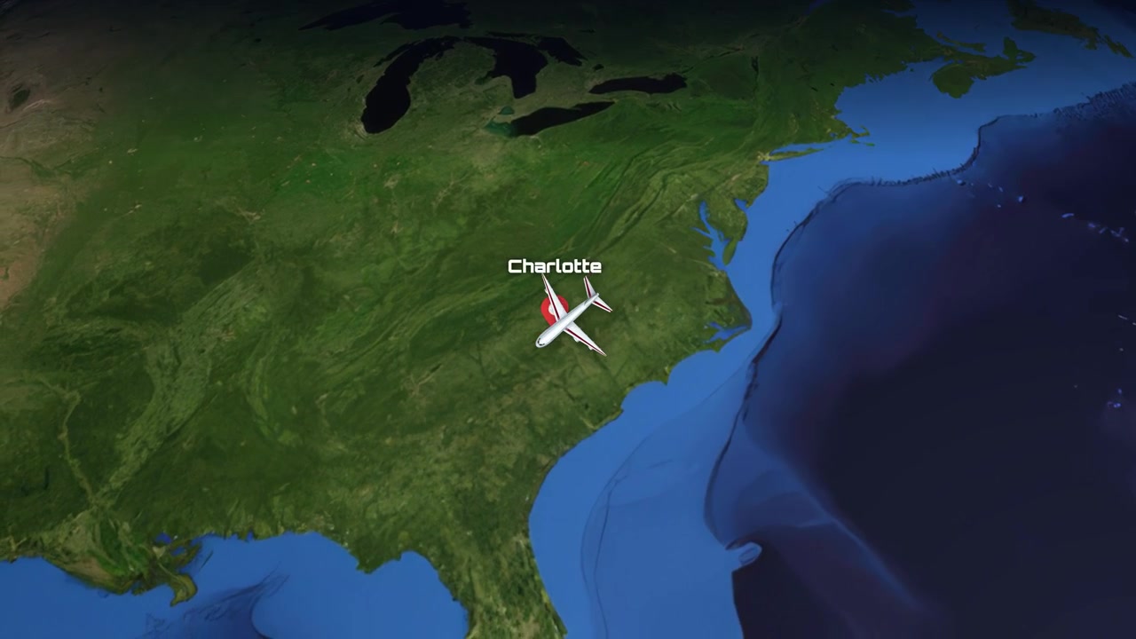 Satellite view animation follows a commercial airplane flying from Doha to Charlotte across the globe