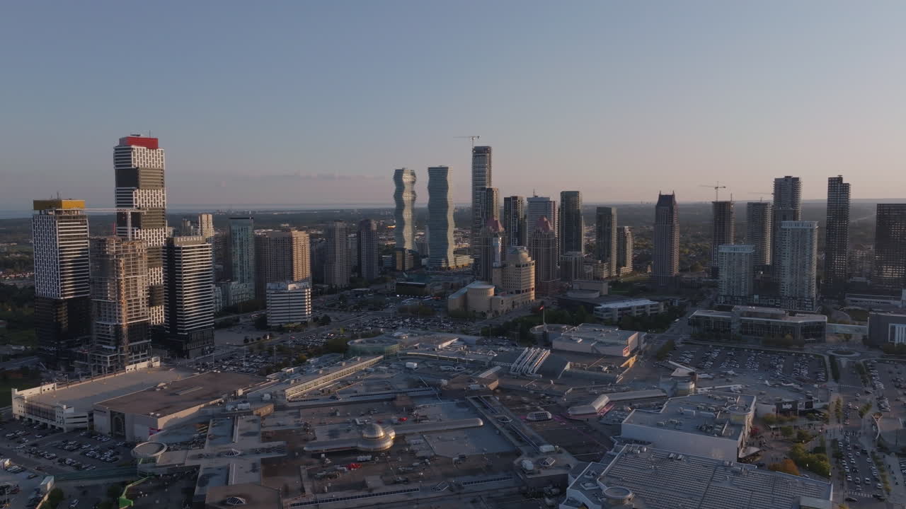 Aerial view of Mississauga skyline near City Hall, evening light