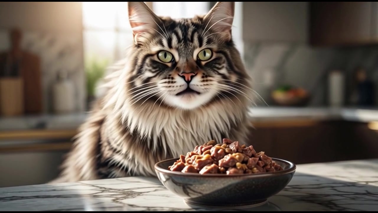 Maine Coon Katze frisst Trockenfutter aus einem Napf auf einer Küchenarbeitsplatte