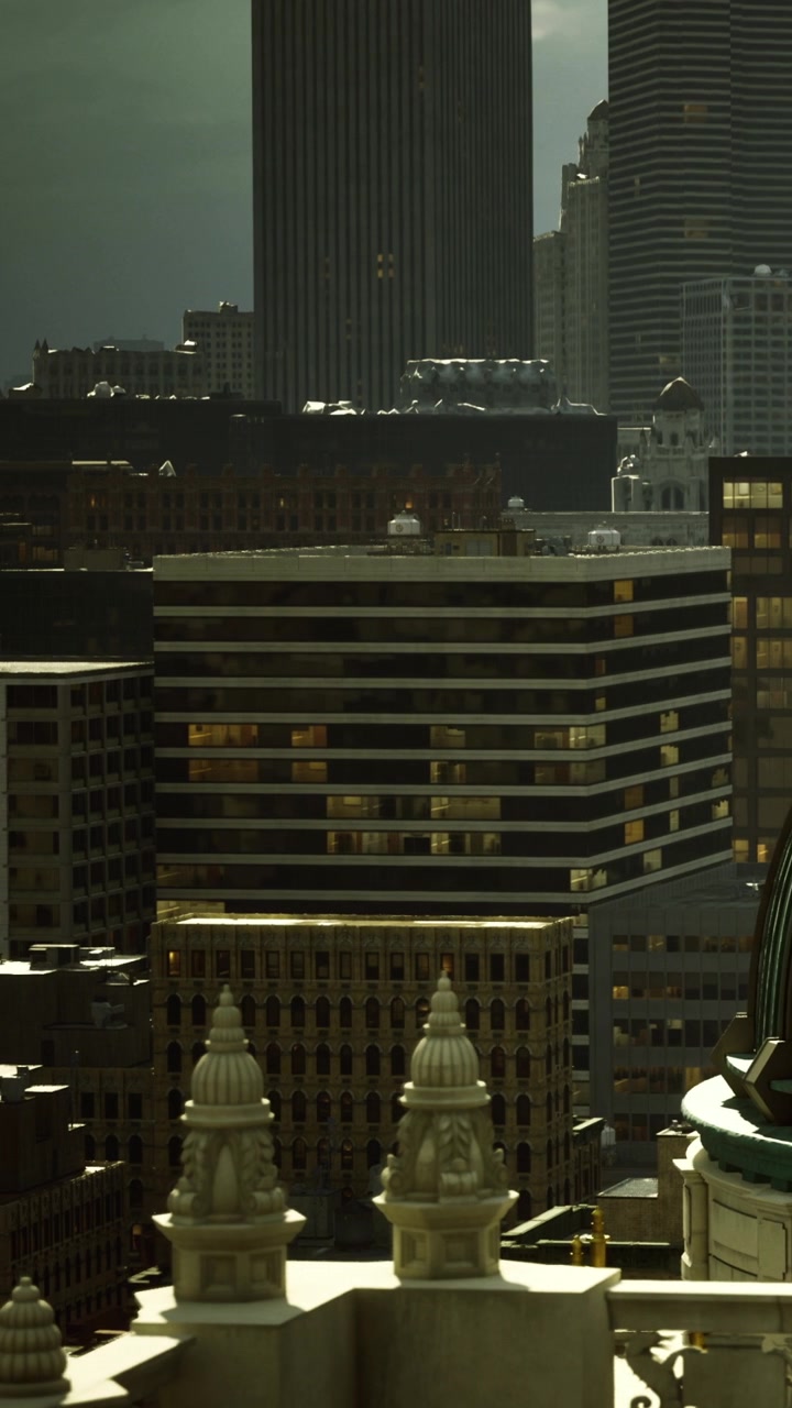 City buildings with windows glowing at dusk in urban skyline setting