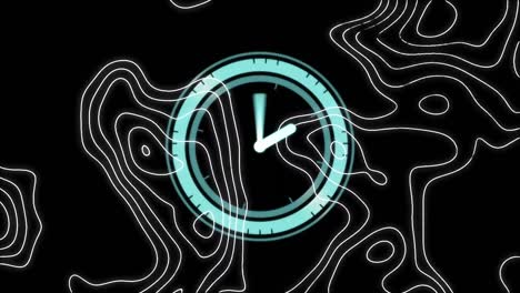 Digital-animation-of-topography-against-neon-blue-digital-clock-ticking-on-black-background