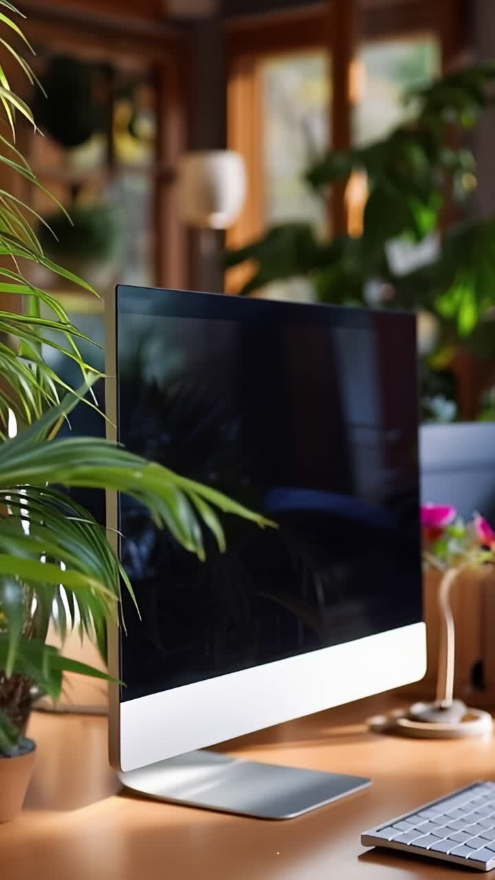 A Serene Workspace with Lush Green Plants and Modern Technology in a Bright Room, Creating a Harmonious and Inviting Atmosphere for Productivity