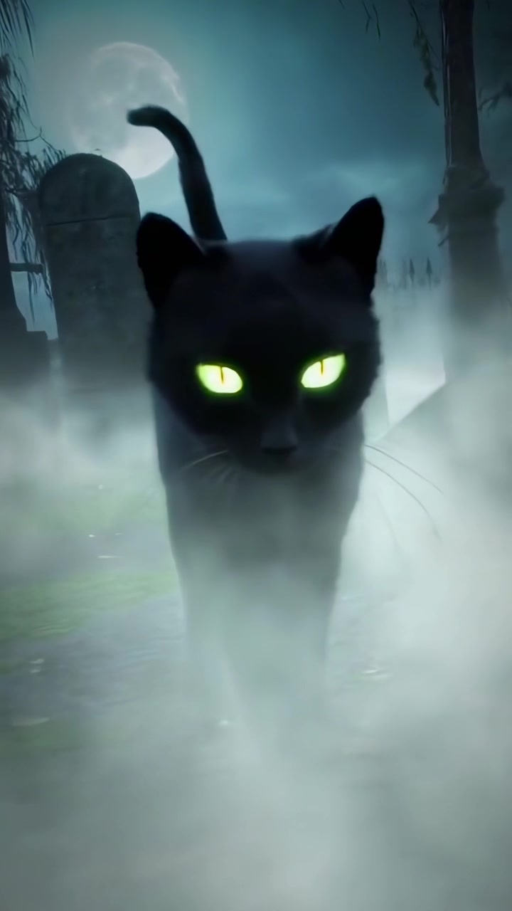 Schwarze Katze geht nachts durch einen nebligen Friedhof