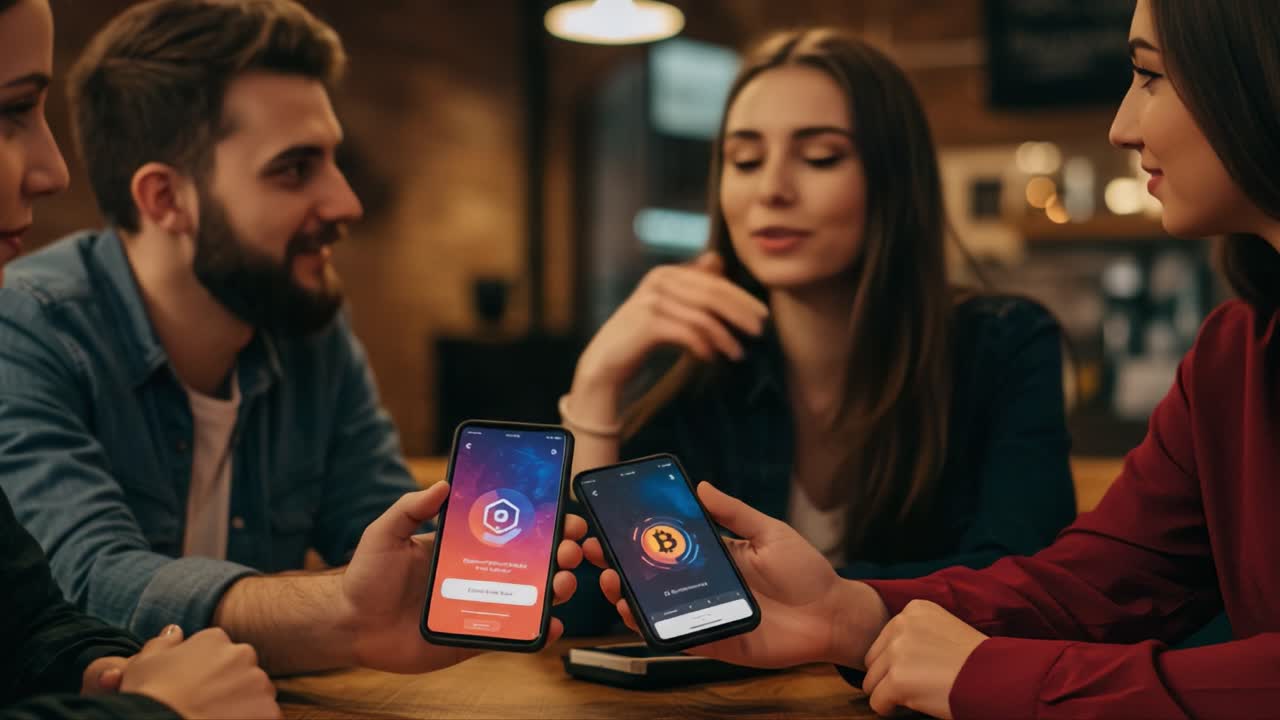 A dynamic group of friends engages in a lively discussion about digital currencies while comparing cryptocurrency apps on their smartphones at a cozy gathering