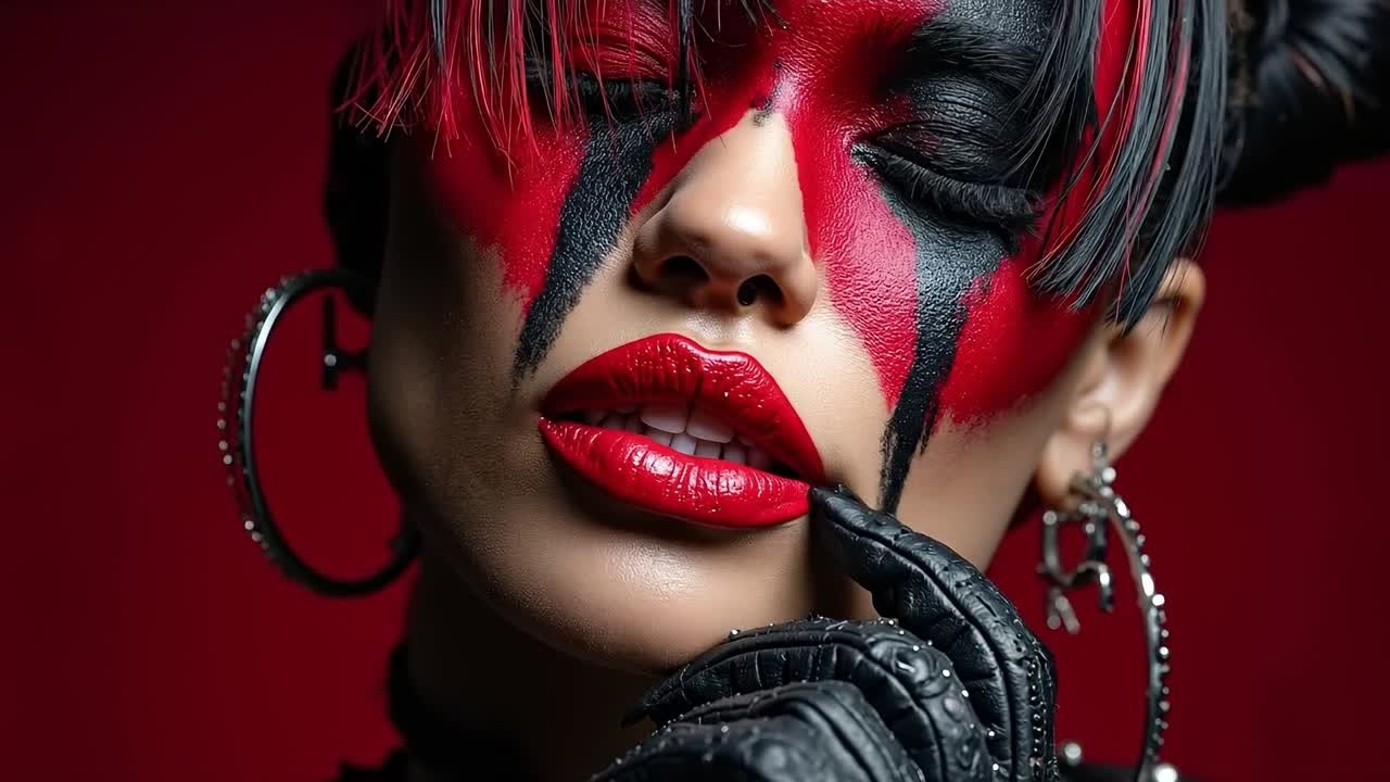 A woman with red and black makeup and red lipstick