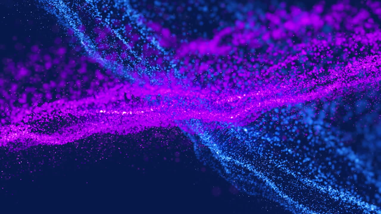 Animation of 3d neon blue, purple abstract particle waves moving on computer graphic background