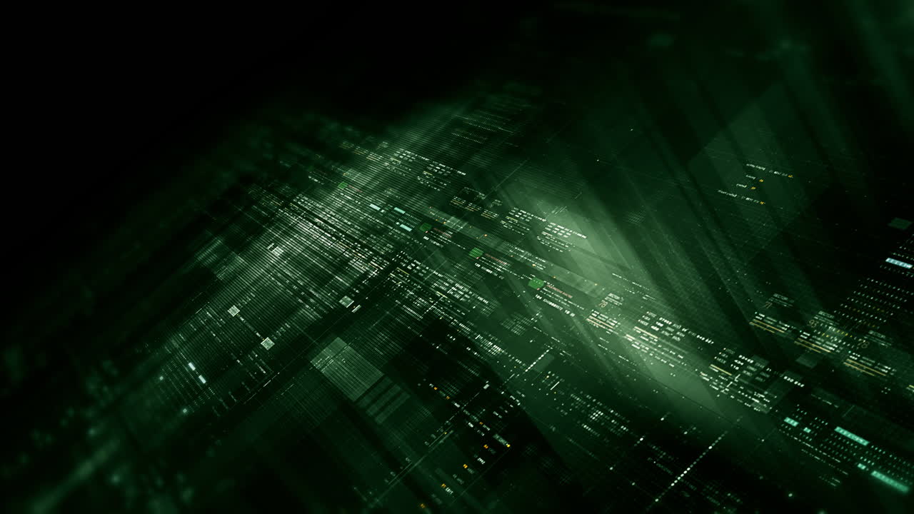 Futuristic data matrix simulation featuring metaverse-inspired elements, an information network, and hi-tech digital data telemetry with encrypted numbers. A dynamic background for computer display