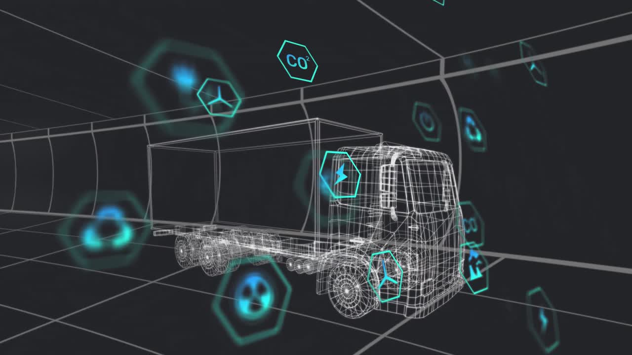터널에서 원활한 패턴으로 움직이는 3d 트럭 모델 위의 여러 디지털 아이콘의 애니메이션