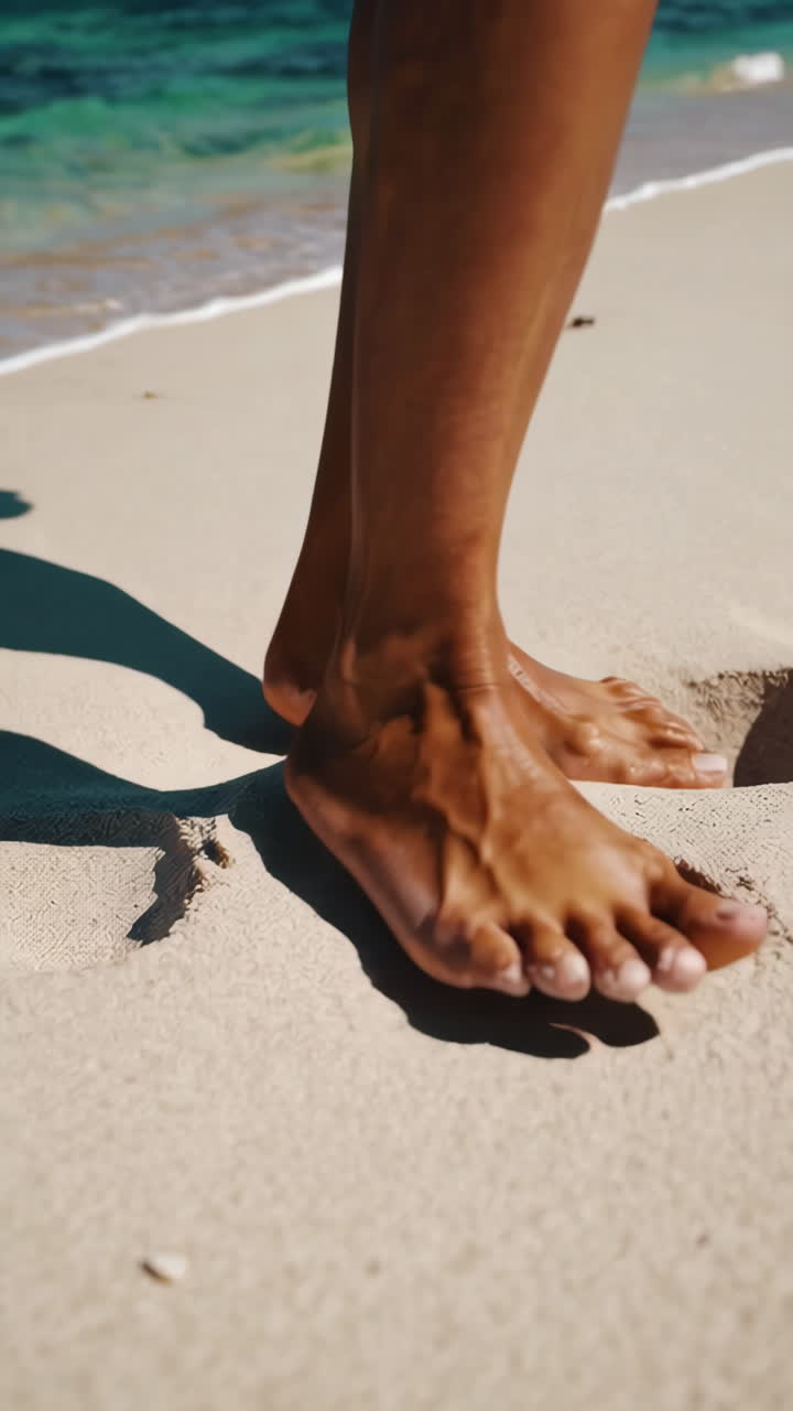 Person walking barefoot on a sandy beach