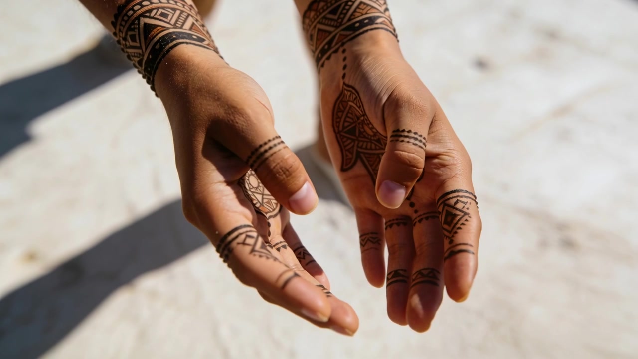 Mostrando mani e avambracci femminili che ruotano durante le riprese su sabbia assolata, evidenziando un Hamsa all'henné.