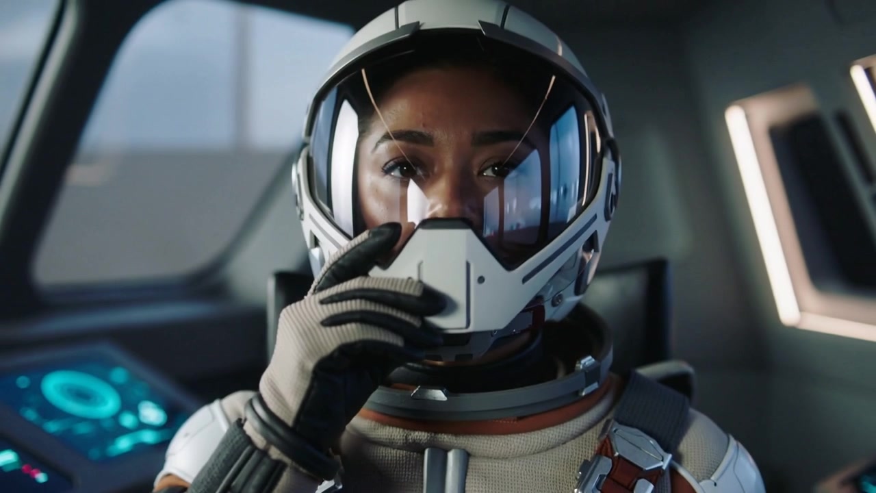 Abriendo los ojos, astronauta con traje levantando el visor en la cabina de una nave espacial, revisando una pantalla azul