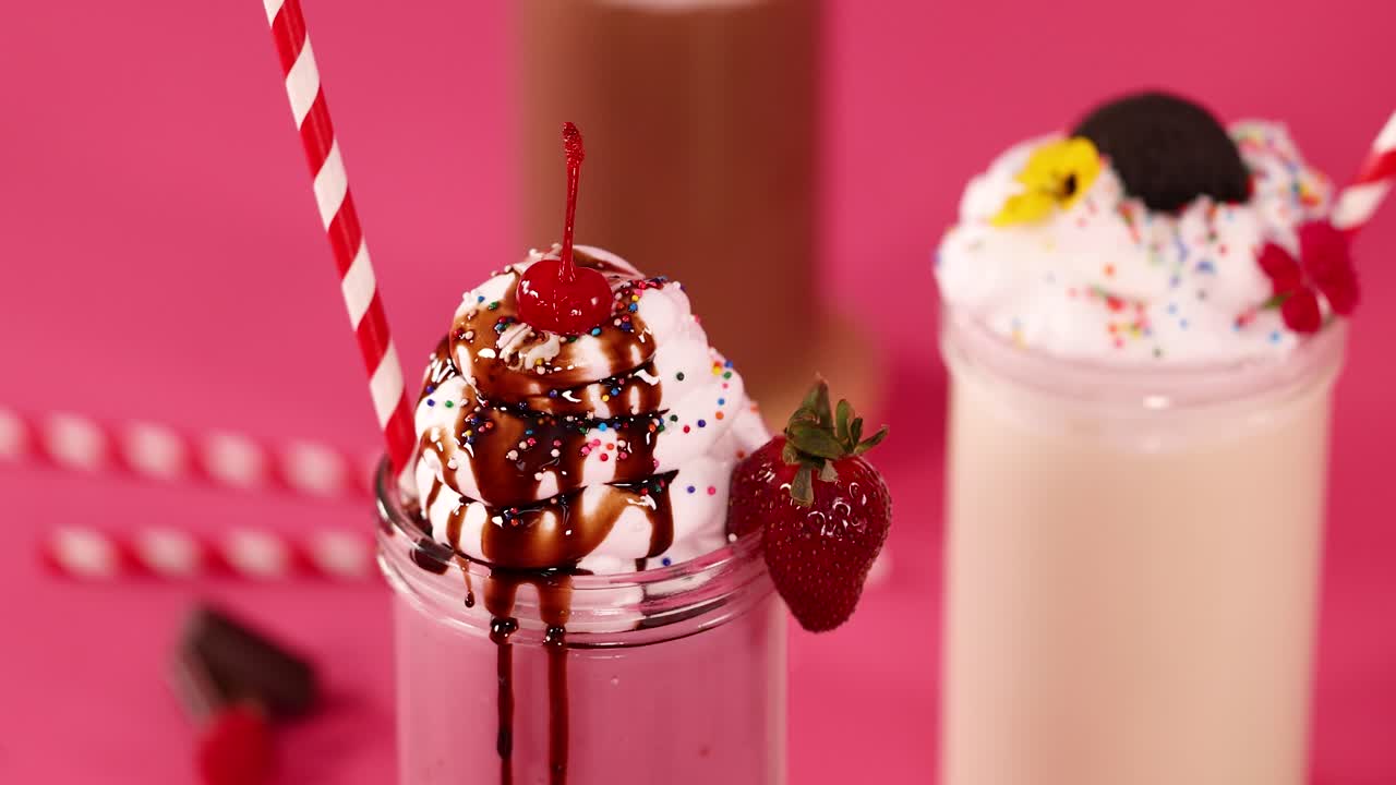 Hand places striped straw into strawberry milkshake topped with whipped cream, chocolate syrup, sprinkles