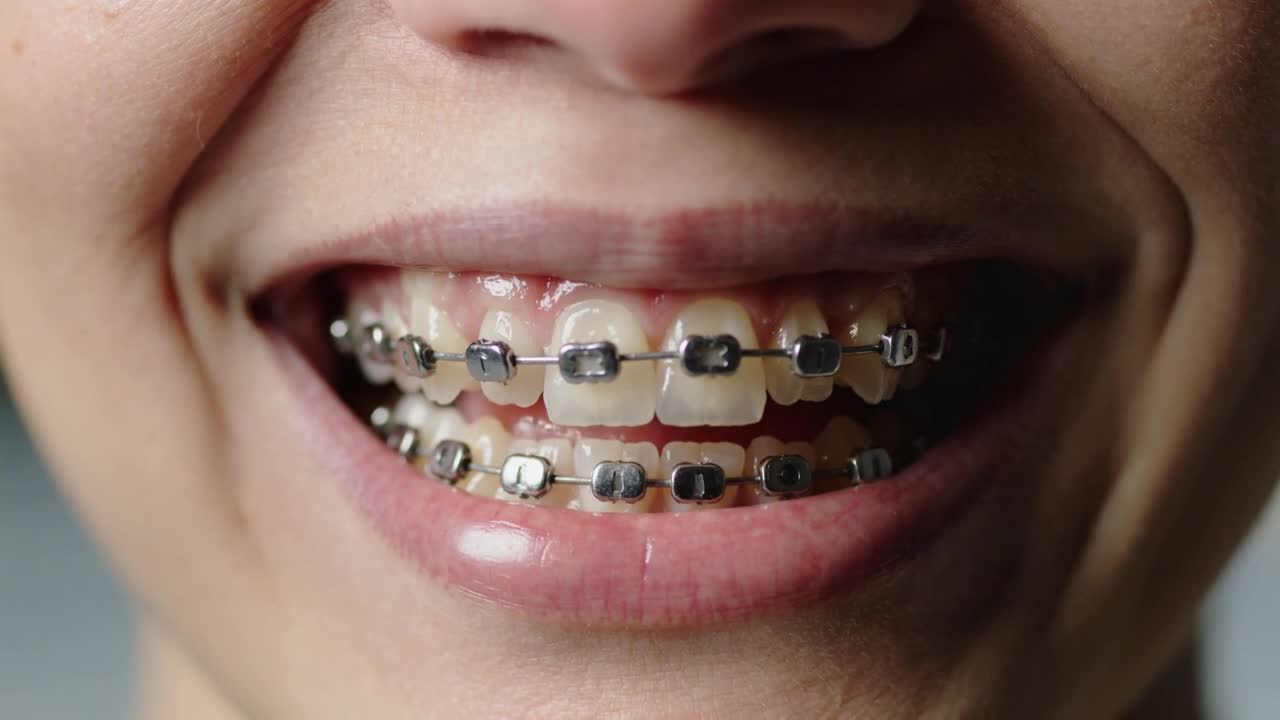 Camera starting, mouth holding broad smile revealing metal braces and teeth in studio closeup