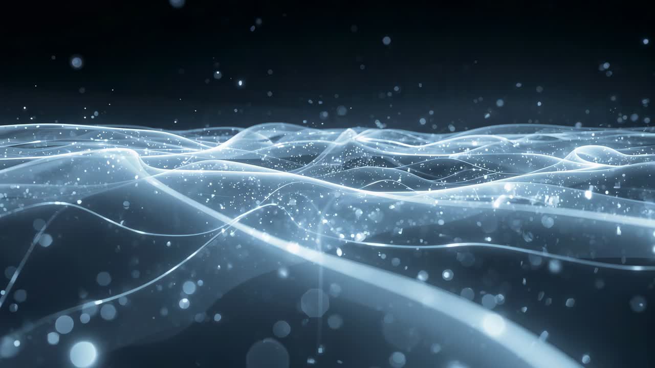 Flowing luminous translucent wave mesh rising and falling in dark void, with drifting particles