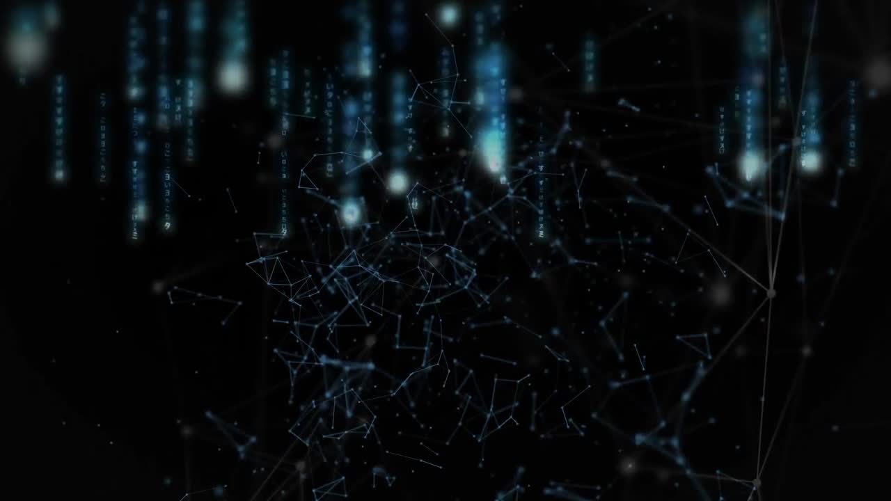 Digital animation of blue light trails falling over network of connections against black background