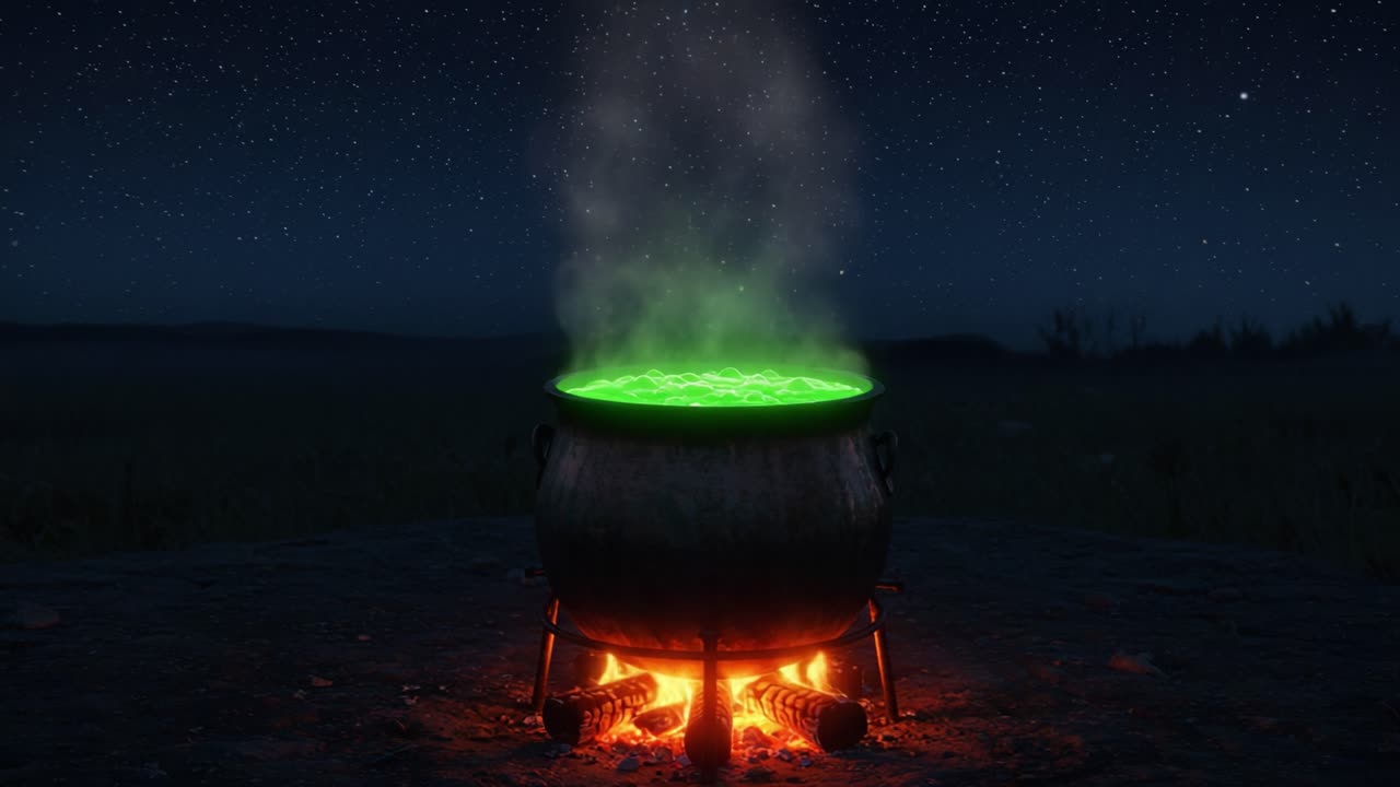 A Mysterious Cauldron Bubbling with Enchanting Green Liquid at Night, Casting a Spellbinding Glow Under a Starry Sky in a Remote Setting