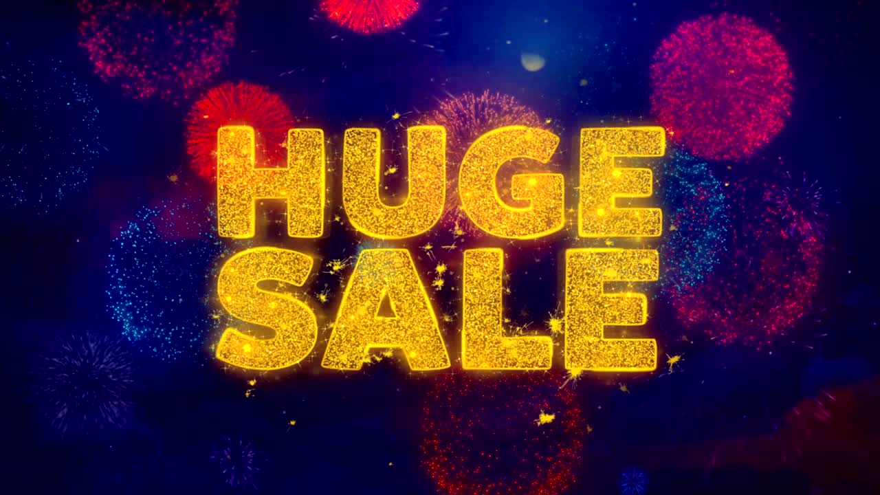 un enorme texto de venta sobre las coloridas partículas de explosión de fuegos artificiales.