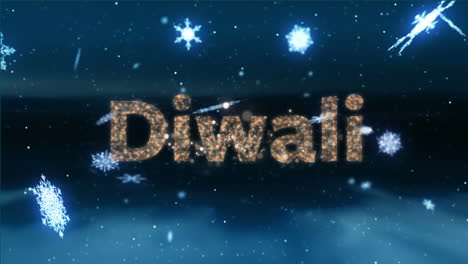 animation of diwali text, fireworks and snow falling