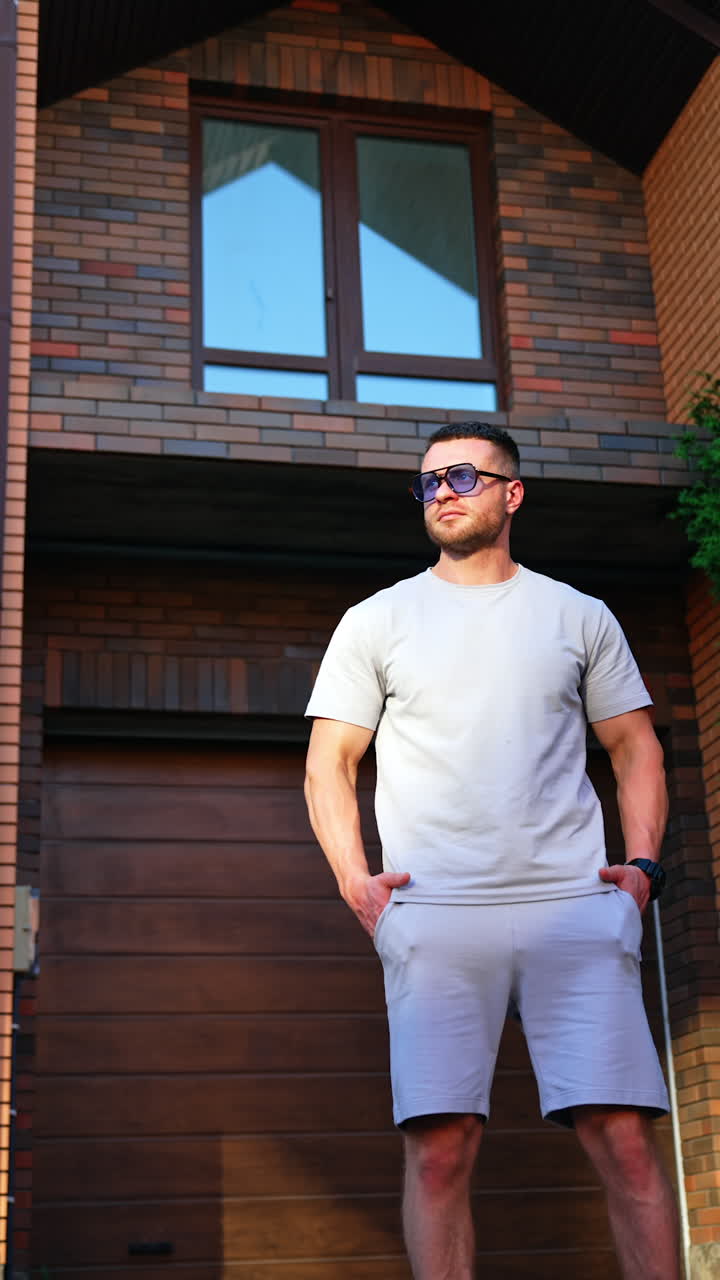 Caucasian muscular man stands outdoors wearing a shirt and shorts. Male model demonstrates summer sportswear. Vertical video