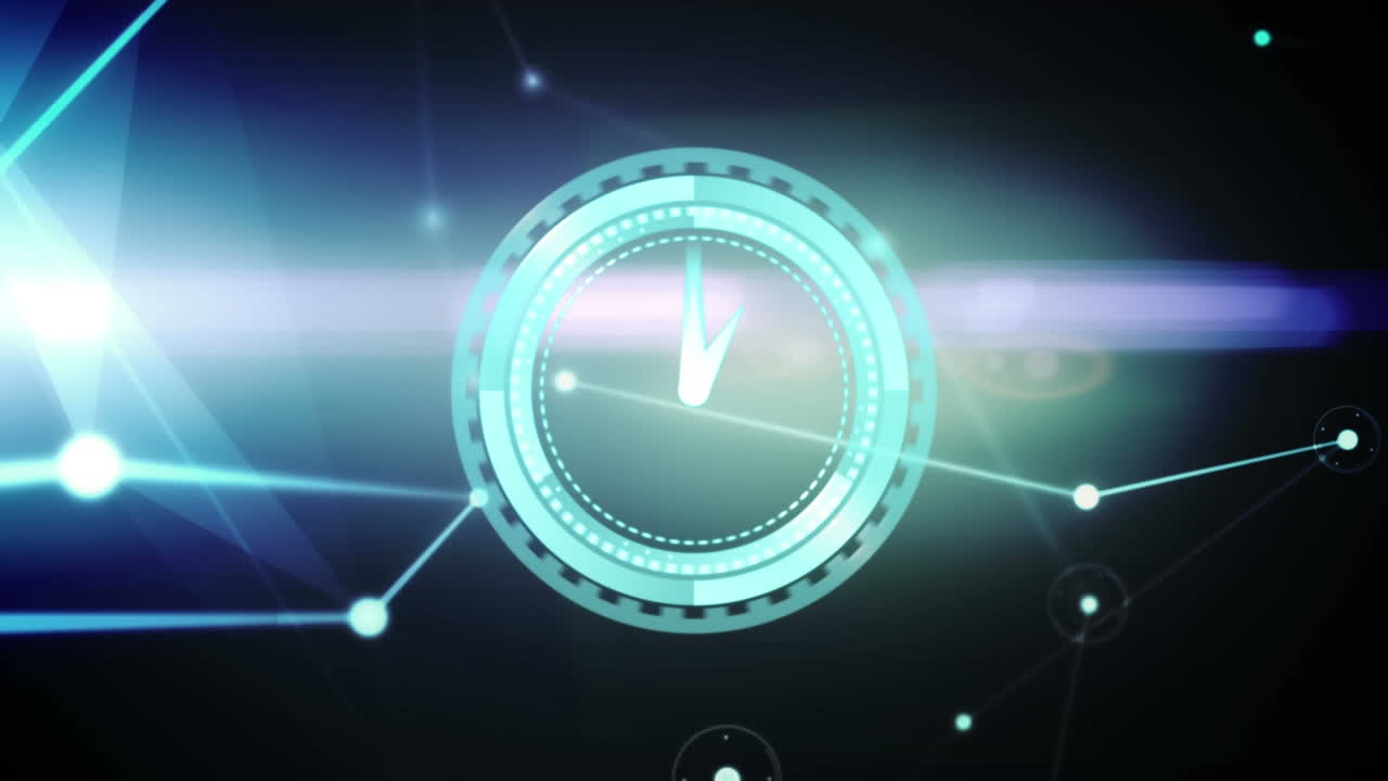 검은색과 파란색 배경에 연결 네트워크를 통해 빠르게 움직이는 시계의 애니메이션