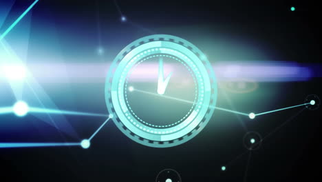 animación de un reloj moviéndose rápidamente a través de una red de conexiones sobre un fondo negro y azul