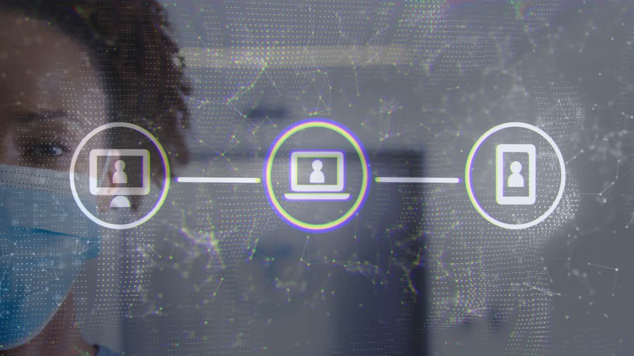 Female medical worker watching while overlay loading, icons connecting showing medical data flow