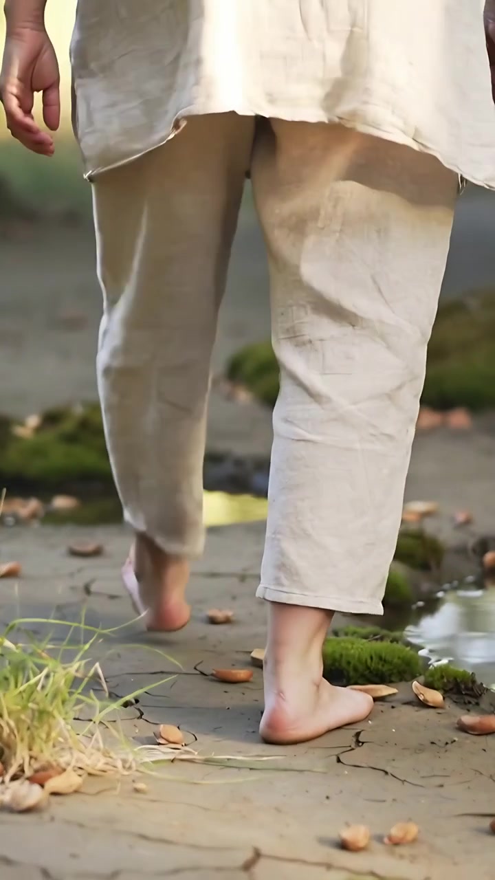 Vertical video: First step starting barefoot woman in linen walking dry path skirting moss to move