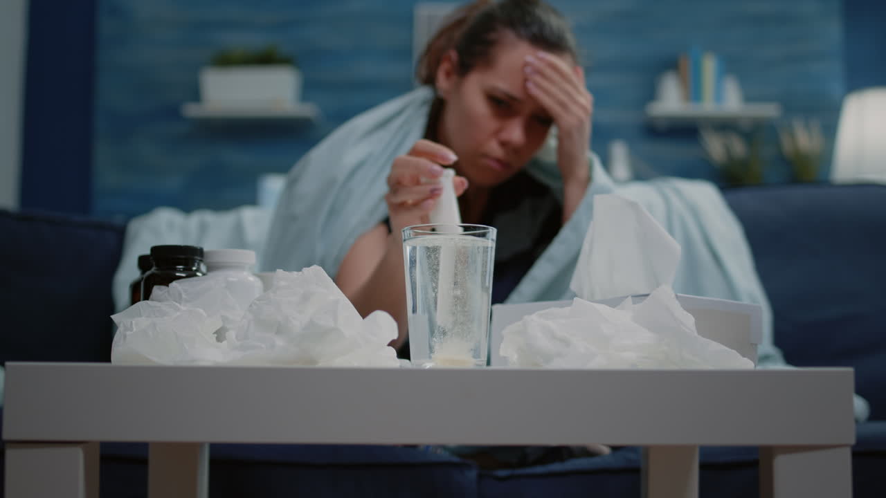 Nahaufnahme einer Frau, die Brausemedikamente in Wasser einsetzt?