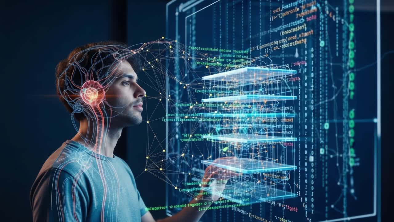 A Futuristic Interface Interaction: A Young Man Engages with a High-Tech Data Visualization Display Composed of Layers of Information and Complex Digital Connections