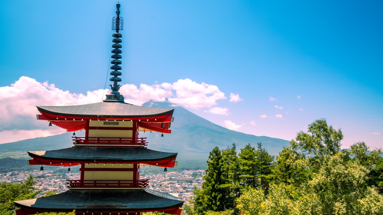 Chureito pagoda and Fuji mount Japan timelapse clouds blue sky