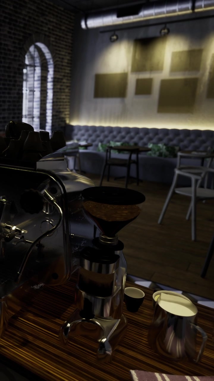 La macchina del caffè è pronta per l'erogazione all'interno di un moderno caffè di sera.