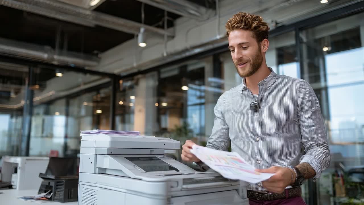 Man prints documents in modern office space during work hours