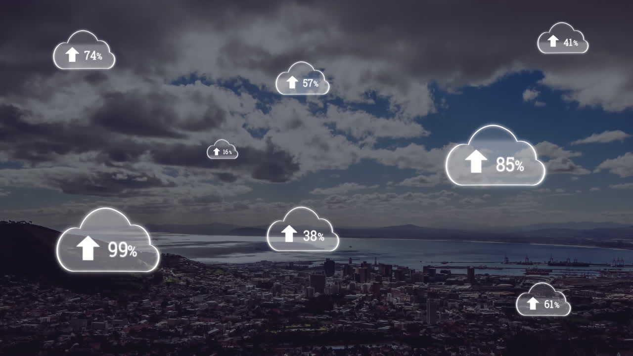 animación del icono de la nube con el porcentaje y la ciudad en el fondo
