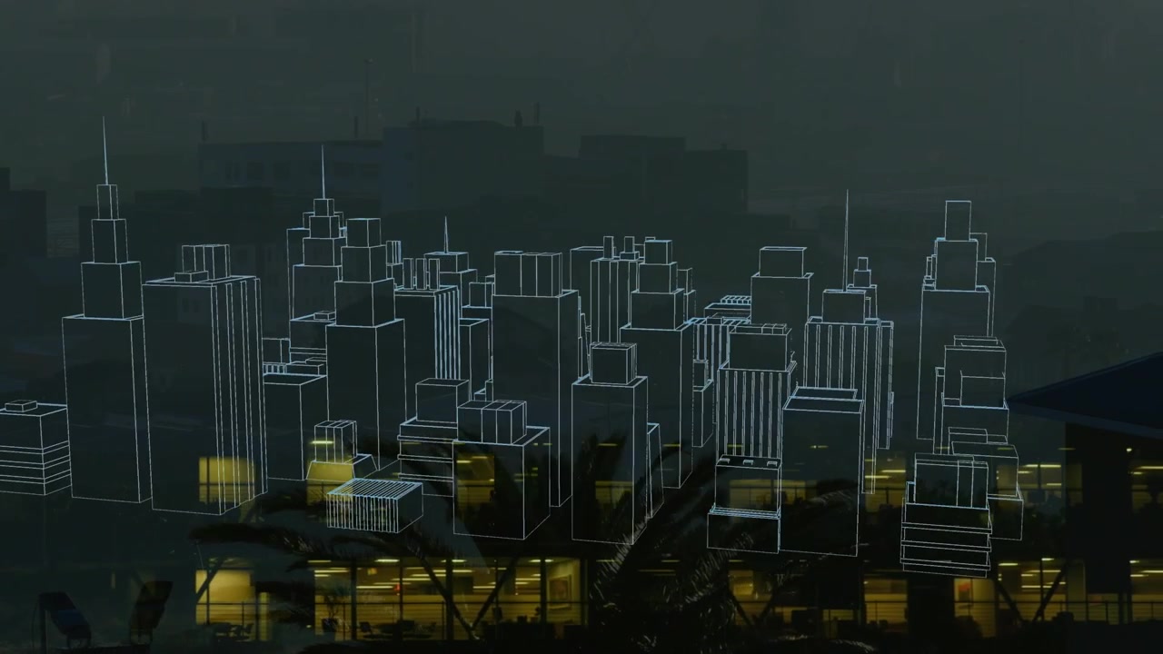 Animazione di elaborazione di statistiche su uno skyline cittadino.