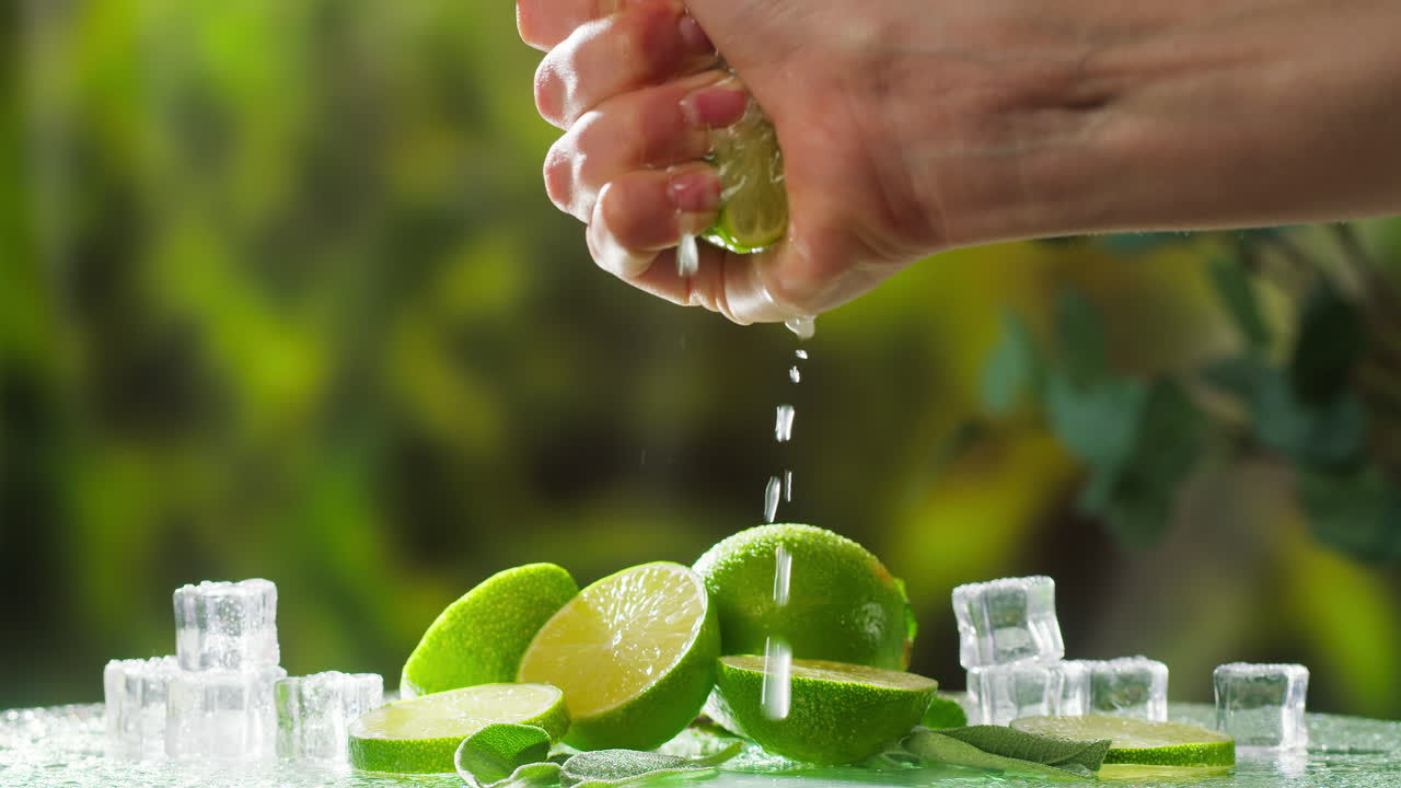 Nærbillede af hånd, der presser frisk limesaft med is