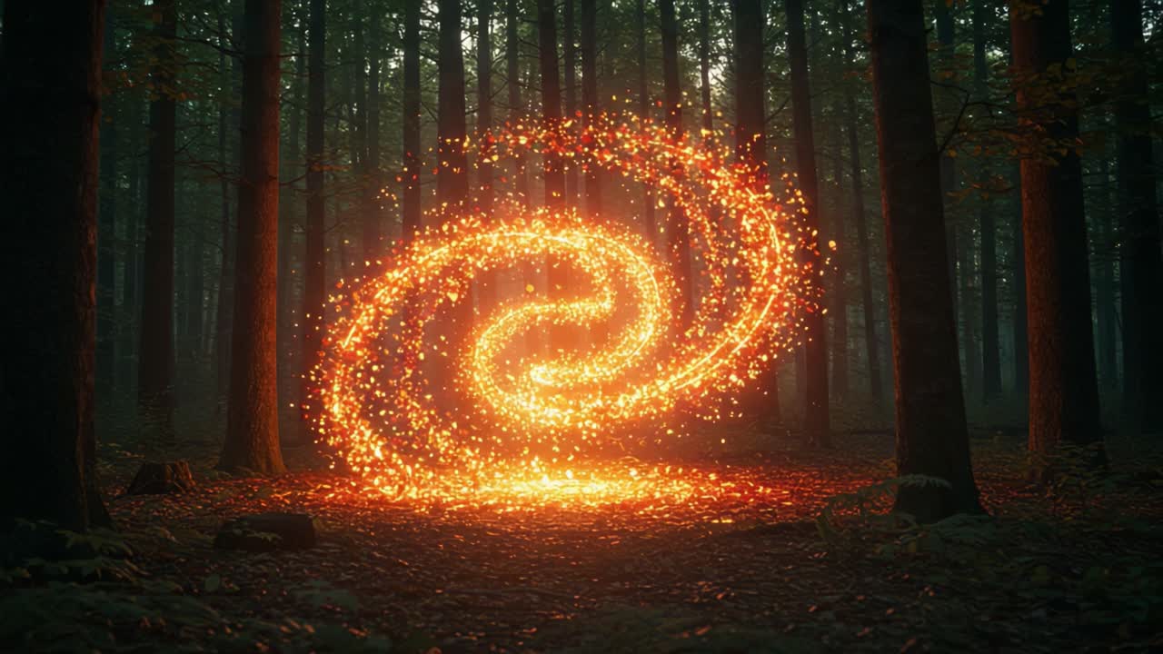 A Captivating Display of Swirling Energy in a Mystical Forest, Highlighting the Brilliant Dance of Sparkling Light Amidst Majestic Trees and Enchanting Atmosphere