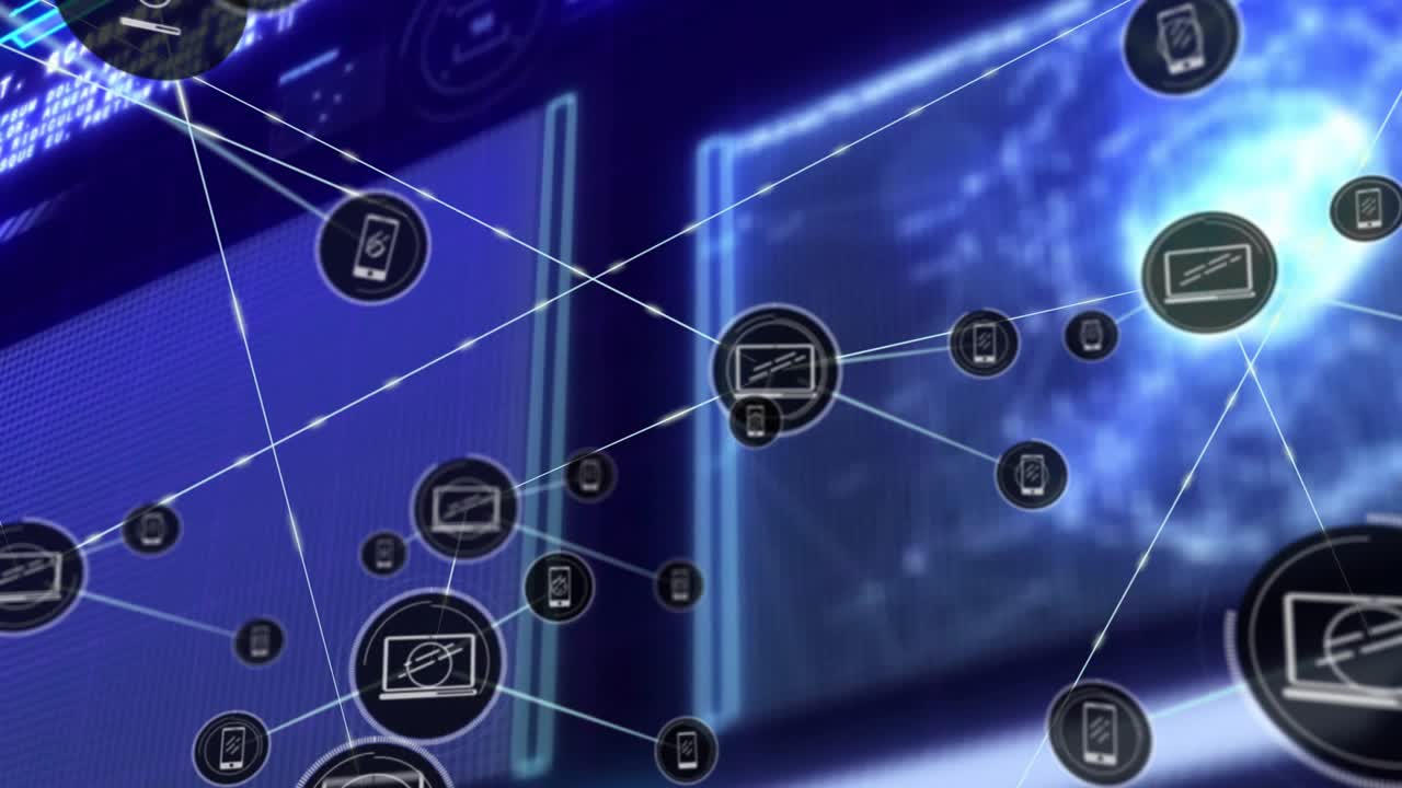 Network of connected devices and data processing animation over digital screens