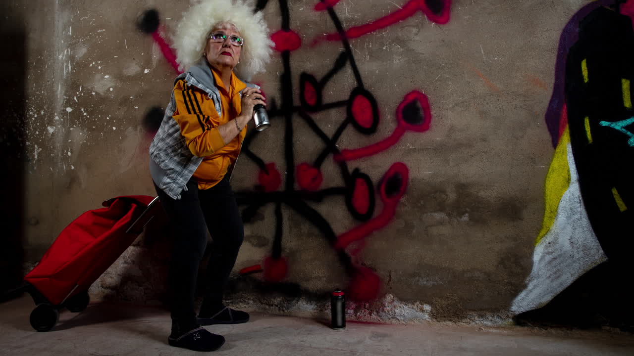 abuela rebelde artista de graffiti contra una pared urbana