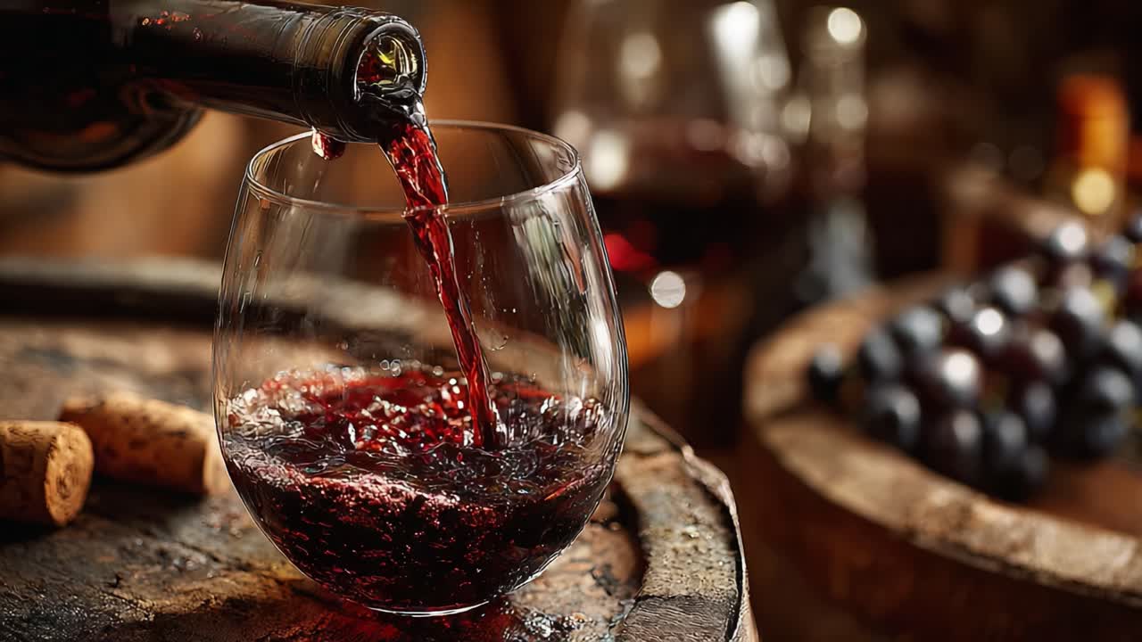 Un magnifico versamento: cattura il colore intenso e la texture del vino rosso che si riversa in un bicchiere circondato da uva e tappi di sughero in un ambiente rustico