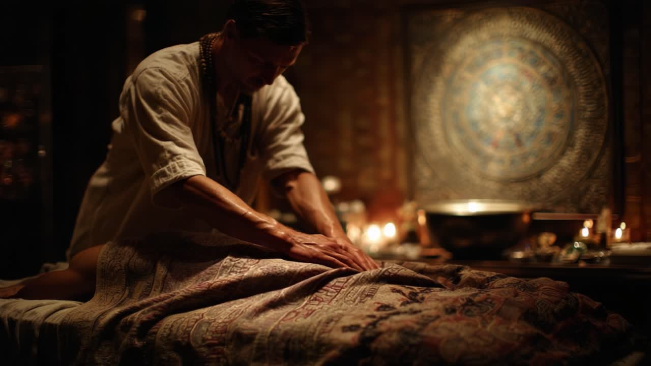 A skilled practitioner performs a soothing massage, creating a serene atmosphere filled with soft candlelight and intricate textiles, enhancing relaxation and tranquility