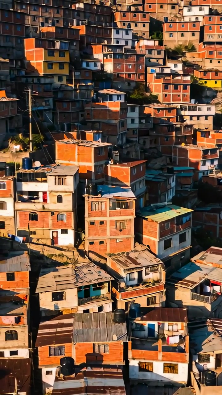 Vídeo vertical: Drone em panorâmica, começando baixo e subindo uma encosta, mostrando casas de tijolos empilhadas e tanques.