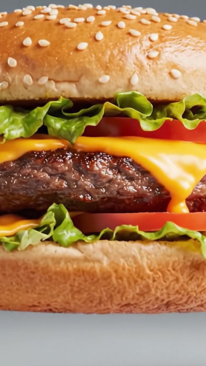 Hamburger gourmet deliziosamente succoso con lattuga fresca, formaggio fuso e pomodori a fette, perfettamente bilanciato in un panino ai semi di sesamo leggermente tostato.