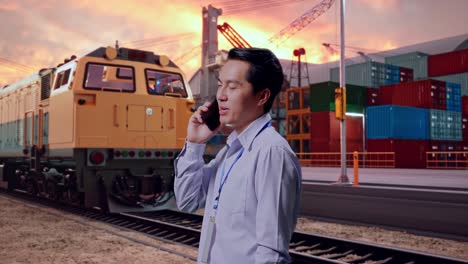 side view asian male professional worker standing with freight cargo train at port, he pick the phone up and started to specking to it with a slicely smile