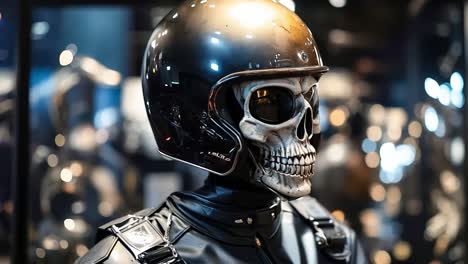 un maniquí con un casco y una máscara de cráneo
