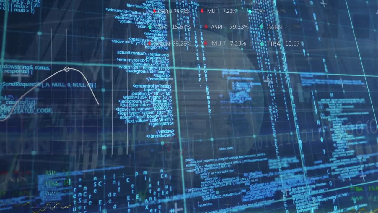 Stock market data processing over spinning globe on blue background