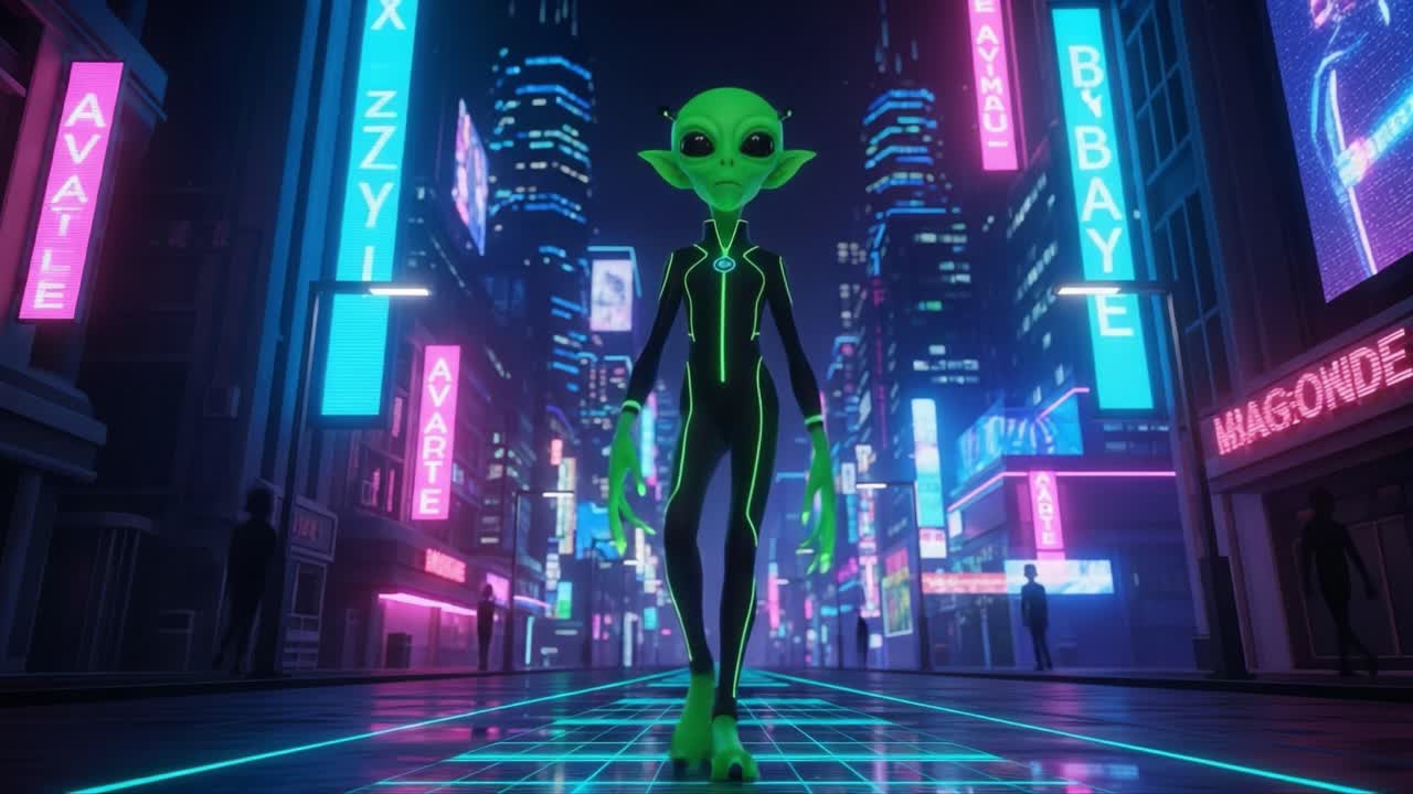 A Mysterious Alien Character Walking Through a Neon-Lit Futuristic City, Surrounded by Shadows in Dark Outfits, Creating an Intriguing Sci-Fi Atmosphere