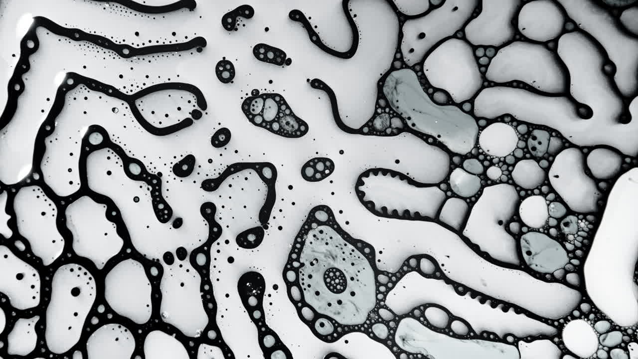 Abstract black and white macro shot of organic fluid patterns resembling microscopic cells